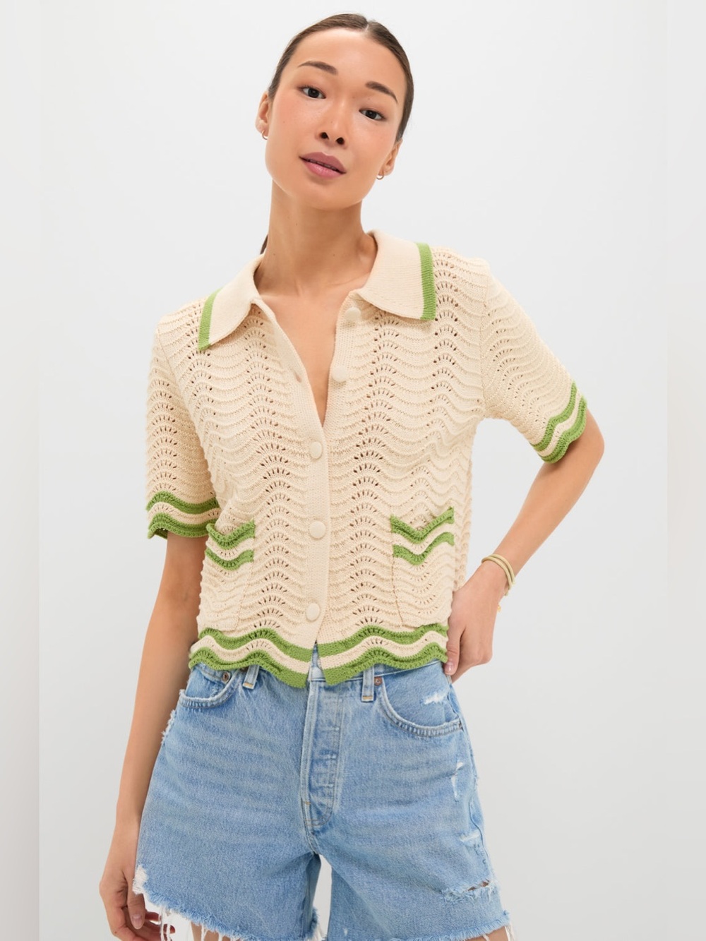 Tuckernuck Greylin Cream and Sage Amelia Scallop  Button Up Crochet Cardigan NWT